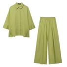 Conjunto Feminino Casual De Blusa Lisa E Calça: Camisa De Manga Longa Com Gola Lapela E Calça De
