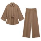 Conjunto Feminino Casual De Rua: Blusa Lisa Com Lapela E Calça De Cintura Elástica
