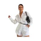 Conjunto Feminino Casual De Verão Com Manga Longa Em 2 Peças, Camisa Com Detalhe De Botão E Shorts,