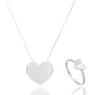 Conjunto Feminino Colar Pingente Anel Coração Origami Prata