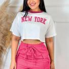 Conjunto Feminino Cropped Estampa New York e Shorts Verão
