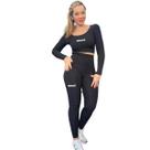 Conjunto Feminino Cropped Manga e Calça Legging Bordada