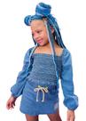 Conjunto Feminino de Blusa Cropped em Látex e Short-Saia Jeans Liz Kukiê Infantil 71410