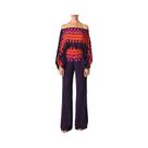 Conjunto Feminino De Blusa De Seda Com Estampa, Ombros Descidos E Mangas Lanternas, Calças De Perna