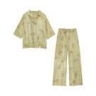 Conjunto Feminino De Camisa Jacquard Solta E Calças De Cintura Alta Com Lapela E Manga Curta