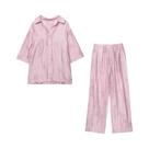 Conjunto Feminino De Camisa Jacquard Solta E Calças De Cintura Alta Com Lapela E Manga Curta