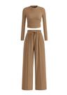 Conjunto Feminino de Duas Peças PRETTYGARDEN Manga Longa Cropped Camelo M