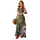 Conjunto Feminino de Festa Floral Verde Saia Longa com Fenda e Cropped Elegante em Viscose para Eventos