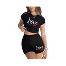 Conjunto Feminino De Top Cropped E Shorts Com Estampa De Lábios, Macio, Ajuste Fino, Gola O, Alta