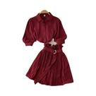 Conjunto Feminino De Verão Em Duas Peças, Camisa Cropped Com Gola Reversa E Saia Mini Plissada, Moda