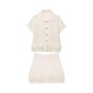 Conjunto Feminino De Verão Em Tricô Com Franjas: Top Vazado Com Gola Lapela E Minissaia Plissada - 2