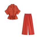 Conjunto Feminino Elegante De 2 Peças: Camisa Sólida Com Zíper E Calça Vintage De Cintura Alta -