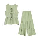 Conjunto Feminino Elegante De Calças Lisas Com Blusa Regata Gola O E Laço, Calças Soltas Casuais