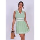 Conjunto Feminino Elegante Tricot Premium Regata Gola Polo Listrado + Saia Rodada Verão