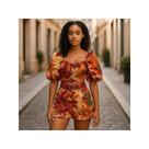 Conjunto Feminino Floral Cropped Manga Bufante Decote Coração Shorts Cintura Alta com Cinto Verão Ca