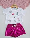 Conjunto Feminino Infantil Cropped Branco Short Rosa Conjunto Feminino Infantil Cropped Branco Short Rosa