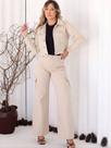 Conjunto Feminino Jeans Jaqueta e Calça Wide Leg Cargo Bege