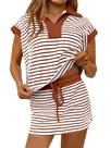 Conjunto feminino listrado de 2 peças Fisoew, moletom casual com saia skort, manga curta, conjunto esportivo combinando para lazer