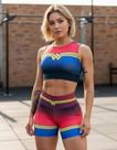 Conjunto feminino short e top mulher maravilha red blue com cinto