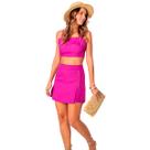 Conjunto feminino shorts saia e top cropped em crepe de alfaiataria