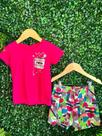 Conjunto Feminino tamanho 4, blusa pink com estampa com glitter e shorts moletinho colorido