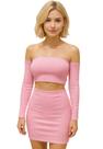Conjunto Feminino Texturizado Cropped Ciganinha com Bojo e Manga Longa Saia Justa Curta