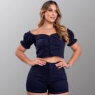 Conjunto Feminino Tinto Cropped e Short Azul Marinho Moda Blogueira Tendência Conjunto Feminino Tinto Cropped e Short Azul Marinho Moda Blogueira Tendência