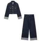 Conjunto Feminino Vintage De Jeans: Jaqueta Cropped Casual Com Lapela E Manga Longa E Calça Jeans