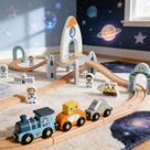 Conjunto Ferrovia Infantil Estação Espacial Tooky Toy Brinquedo em Madeira Educativo com Acessórios