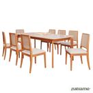 Conjunto Ficus 2,10 com 8 Cadeiras Buriti Perfeito para Salas Grandes Madeira/Off White/Linho Cru