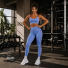 Conjunto Fitness Feminino Premium Azul Claro com Faixas Laterais e Tiras Bordô Cintura Alta