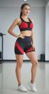 Conjunto Fitness Juvenil Top + Short Preto com Detalhe Colorido Verde Vermelho Azul Veste 14 a 16 anos