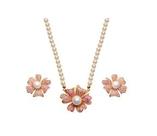 Conjunto flor pétalas cravejadas rubis banhado a ródio