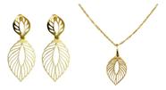 Conjunto Folhas Brinco+pingente+corrente Em Ouro 18k