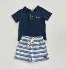 Conjunto G/3 Divertto Camiseta Azul Marinho e Bermuda Listrada Azul/Branco