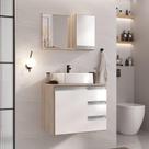 Conjunto Gabinete Banheiro Prisma 60cm - Gabinete + Cuba + Espelheira - Com Vidro Madeirado Branco