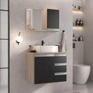 Conjunto Gabinete Banheiro Prisma 60cm Gabinete + Cuba + Espelheira Com Vidro Madeirado Preto
