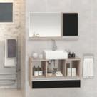 Conjunto Gabinete Banheiro VENUS 80cm Madeirado/Preto - Gabinete + Cuba + Espelheira + Tampo Vidro
