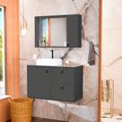Conjunto Gabinete para Banheiro com Cuba Sobrepor, Tampo de Vidro e Espelheira Toro 80cm