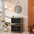 Conjunto Gabinete para Banheiro com Rodizio, tampo de vidro, Cuba de sobrepor e Espelho Kyoto 60 cm