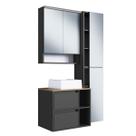 Conjunto Gabinete para Banheiro Suspenso 96cm com 4 Peças Iluminação em Led e Cuba Branca na Cor Mel/Grafite