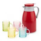 Conjunto Garrafa Térmica 1L Vermelha e 4 Copos Vidro 190ml para Café Chá Leite