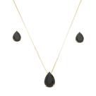 Conjunto Gota Pedra Preta Folheado a Ouro 18k. JCJ024