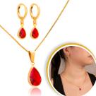 Conjunto Gota Vermelho Com Brinco E Corrente Dourado Feminino Banhado