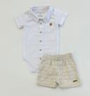 Conjunto Grow Up Body Branco Gola Polo e Bermuda Linho Moda Bebe Premium