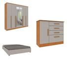 Conjunto Guarda Roupa Casal Com Puxador Mdf Portugal Com Espelho, Cama Casal Monaco E Cômoda Chicago
