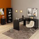 Conjunto Home Office 3 Peças com 1 Mesa em L, 1 Gaveteiro e 1 Estante para Livros Preto - Pnr Móveis