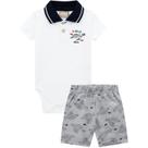 Conjunto Infantil Bebê Masculino menino Body Manga Curta Polo e Bermuda Branco Marinho Milon