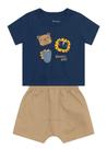 Conjunto Infantil Bebê Menino Camiseta Manga Curta Azul e Bermuda Saruel Bege Brandili