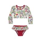Conjunto Infantil Biquini Menina Praia Cropped Manga Longa Em Malha Sublimada Com Proteção UV50